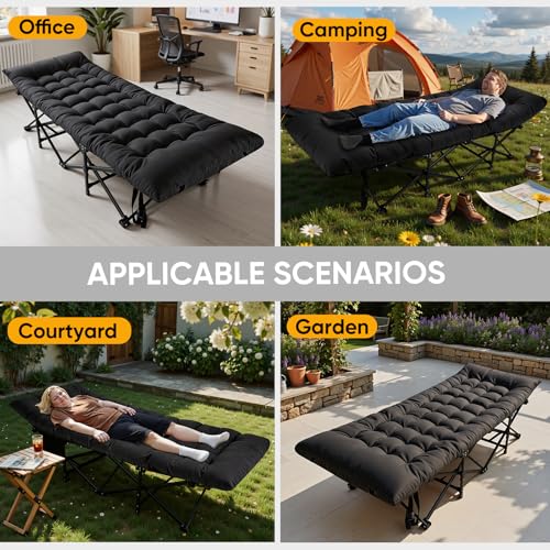 Black Camping Cot with Thick Mattress - Portable Foldable Sleeping Bed for Outdoor & Home