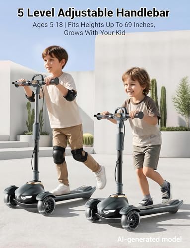 Aeneadbaby Kids & Adult Black Scooter with Dual Brakes, Lights, 5-Level Adjustable & Folding