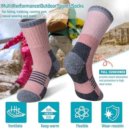 Toddler Kids Merino Wool Hiking Socks 6 Pairs Winter Warm Thermal Crew Socks - Grey, Blue, Purple 13-15 Years