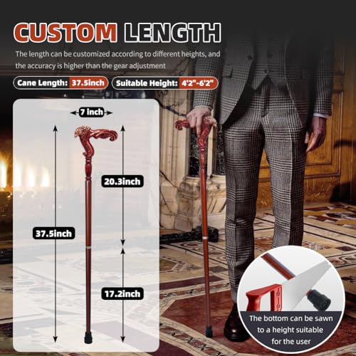 BeneCane Handmade Wooden Walking Cane with Eagle Handle - Brown, Unisex, Adjustable & Detachable