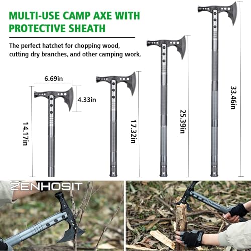 ZENHOSIT Folding Tactical Shovel & Hatchet Combo with Extendable Handle, Flashlight & Accessories for Camping & Outdoors