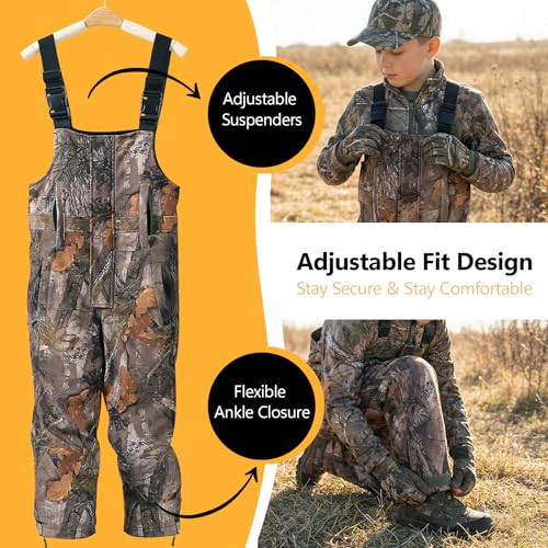 NEW VIEW Youth Camo Insulated Hunting Bibs - Small / Camo Leaf, Kids Cold Weather Overalls