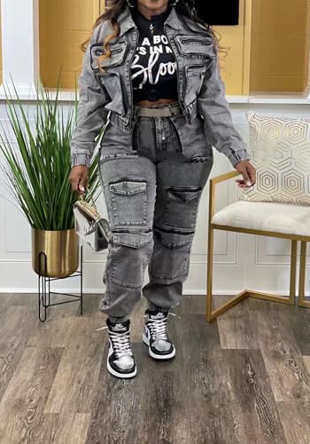 Grey Large Denim 2-Piece Women's Jean Outfit Set Cargo Y2K Streetwear