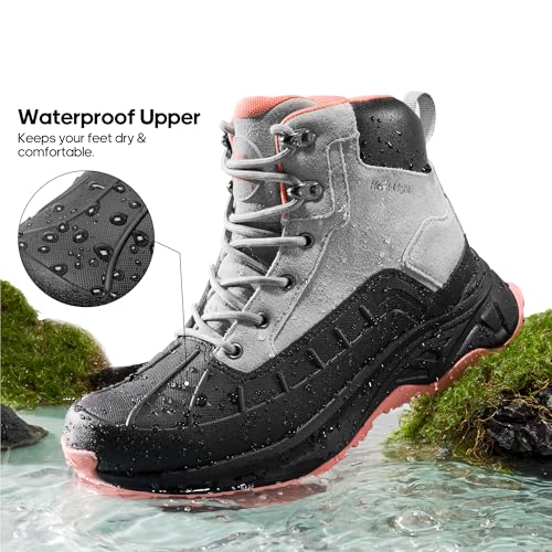 Women's Waterproof Hiking Boots - Light Grey & Pink, Outdoor Trekking Shoes