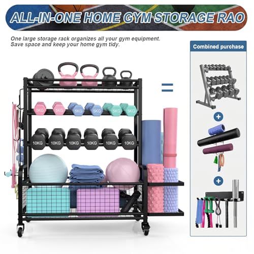 Dumbbell and Kettlebell Rack with Wheels - Home Gym Storage Organizer for Weights, Yoga Mats & Exercise Balls