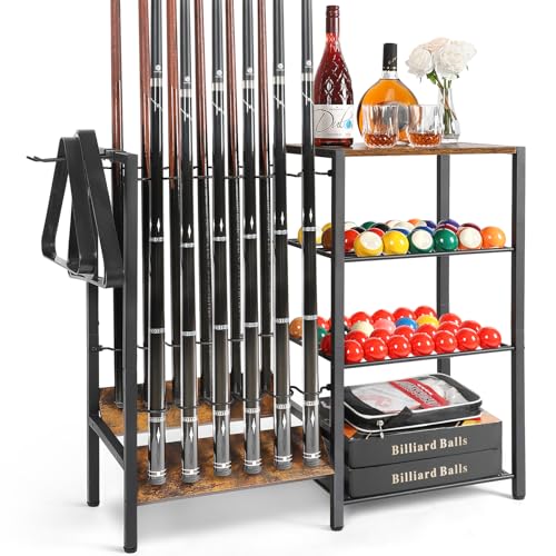 12 Cue Stick Pool Cue Rack Holder Stand with Ball & Accessory Storage - Black Variation