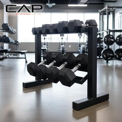 CAP 150 LB Dumbbell Set with Chrome Handles & Black Variation, Rubber Hex Weights & 2-Tier Rack for Home Gym
