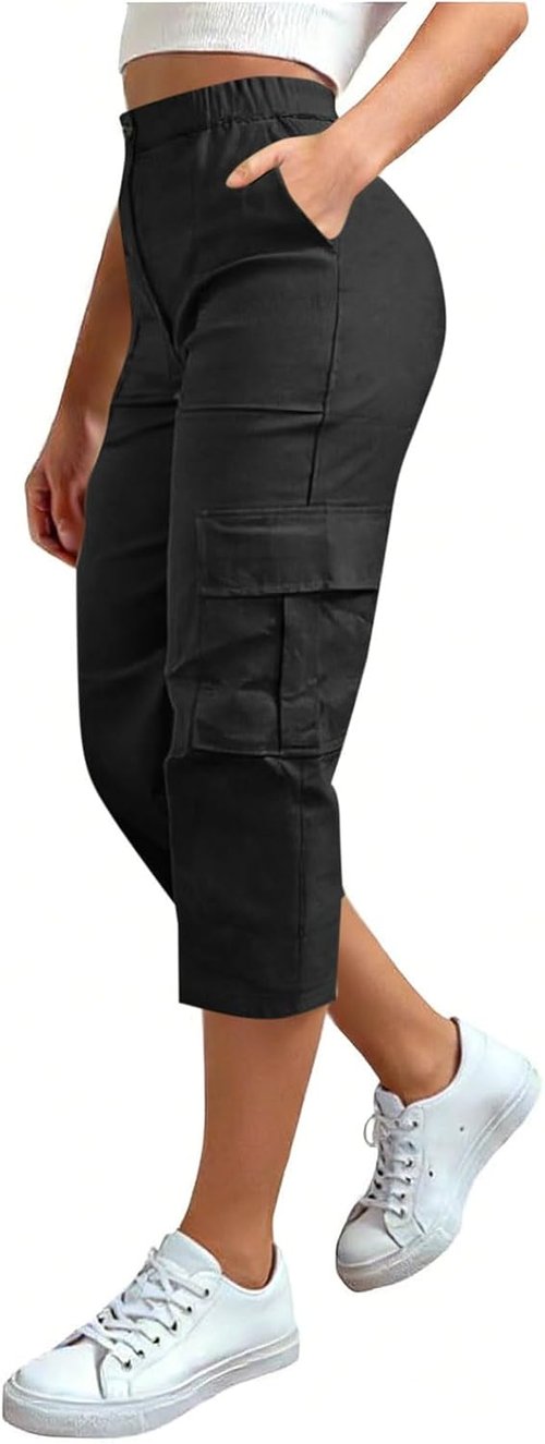 LRMQS Cargo Capris for Women - Summer Casual Loose Pants with Pockets | Plus Size High-Waisted Cropped Style
