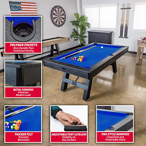 Blue Wood Finish 7 ft Pool Table with Accessories - Modern Billiards Set