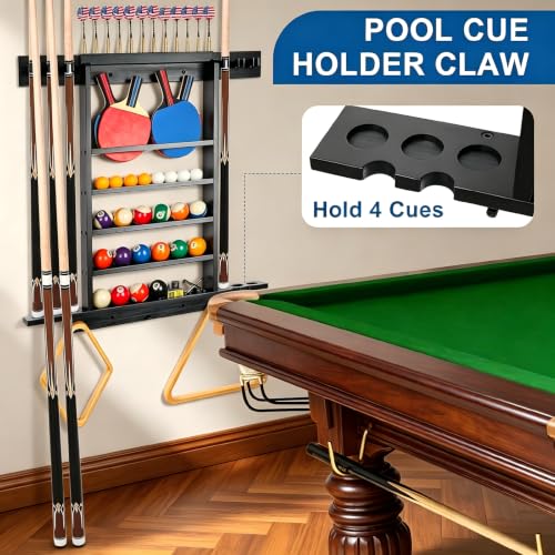 Onemacc 30x3.2x29in Solid Wood Pool Cue Rack & 3-in-1 Billiard, Dart, Table Tennis Storage
