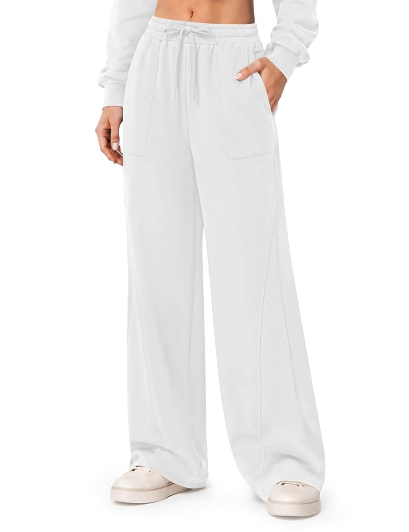 LOMON White Wide Leg Fleece Sweatpants for Women, Small