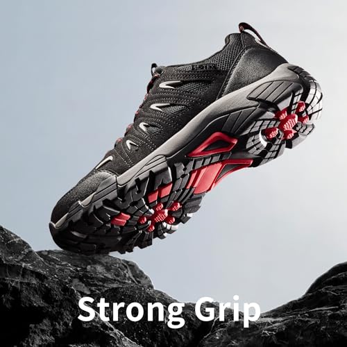 SHULOOK Men's Waterproof Hiking Shoes - Lightweight Low Top Trail Shoes Black/Red 13