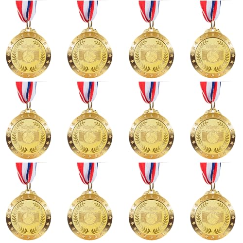 12 Pack Volleyball Medals for Kids & Adults - 2 Inch Award Pins with Ribbon