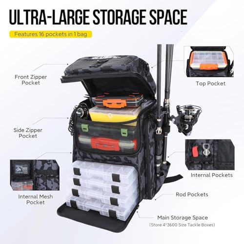 PLUSINNO Waterproof Fishing Backpack with Rod Holders - 42L Tackle Storage, Camouflage Black