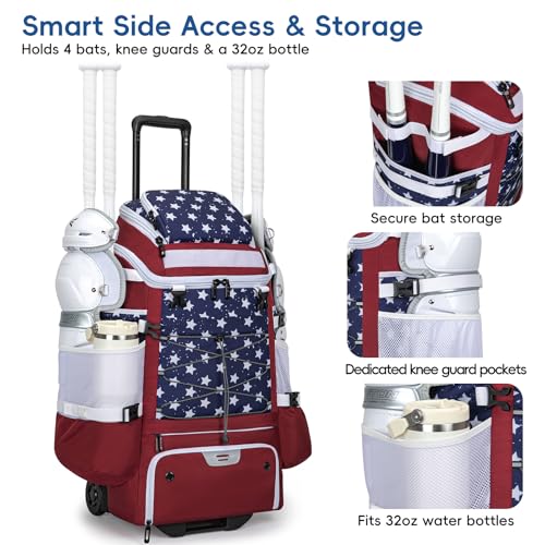 KAVIGOR Red, White & Blue Catchers Gear Bag with Wheels - 90L Baseball Softball Equipment Carrier for 2 Sets