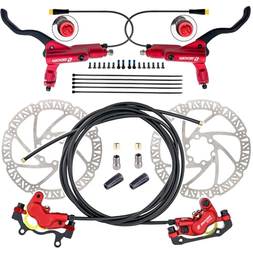 Electric Bike Hydraulic Brake Set with 180mm Rotors - Red, 2-Pin Connector