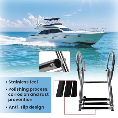 Silver 3-Step Telescoping Boat Ladder - Heavy Duty Stainless Steel Pontoon Boarding Ladder with Wide Steps & Hand Railings