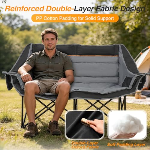 Heavy Duty Double Camping Chair - 660lbs Capacity, Foldable 2 Person Outdoor Seat - Black Gray