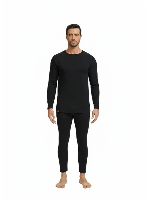 Thermal Underwear for Men Base Layer Cotton Long Johns High Weight Blended Fleece Lined Set for Cold Weather (X-Large) Black