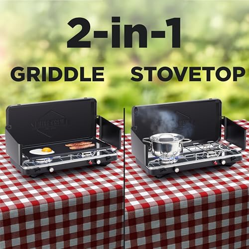 Hike Crew 2-in-1 Gas Camping Stove and Griddle - Portable Propane Cooktop with Wind Shields