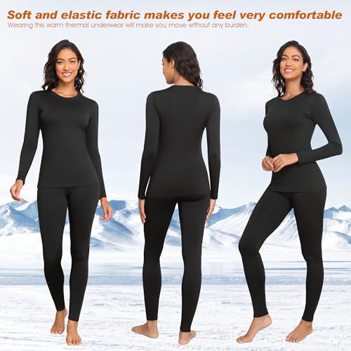 Women’s Thermal Underwear Set Fleece-Lined Long Johns Black Small