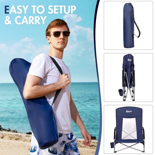 Portable Beach Chair for Adults - Deep Blue 2-Pack Lightweight Folding Camping Chair with Cup Holder & Mesh Back Support