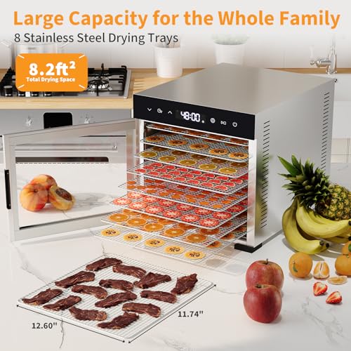 NEWBULIG 8-Tray Stainless Steel Food Dehydrator with 500W, Silver, 185°F Temp, 24H Timer