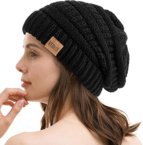 REDESS Oversized Cable Beanie Hat for Men and Women - Black, One Size