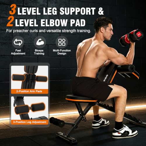 Adjustable Foldable Weight Bench for Home Gym - Incline & Flat, Black-Orange