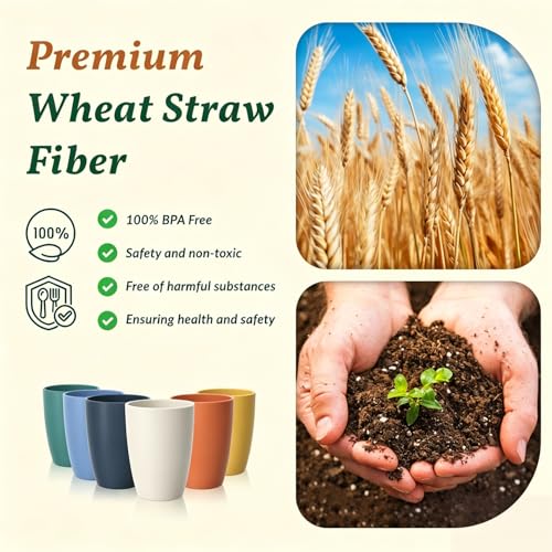 Unbreakable Wheat Straw Drinking Glasses Set - 12oz Colorful Matte Multi, Stackable, Microwave & Dishwasher Safe - 6 pcs