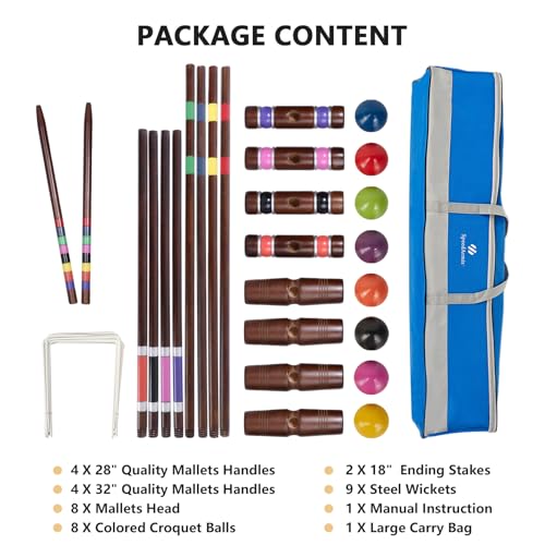 SpeedArmis Antique Finish 28In & 32In Croquet Set with Rubber Wood Mallets - Family Lawn Game