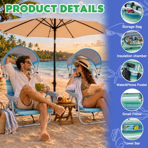 EggSun Ocean Striped Portable Beach Chair with Canopy - Reclining, Foldable & Adjustable for Adults