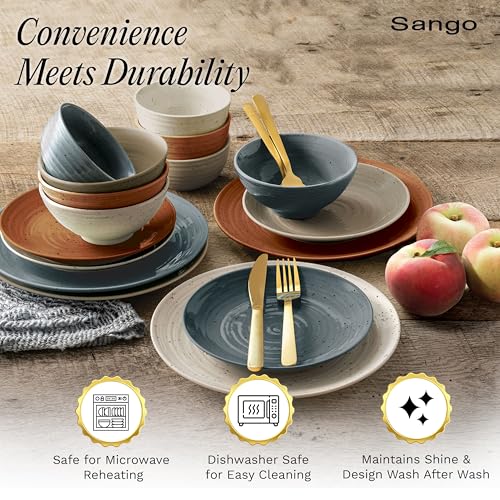 Rustic Mix Sango Siterra 16-Piece Stoneware Dinnerware Set for 4 - Chip Resistant, Microwave & Dishwasher Safe