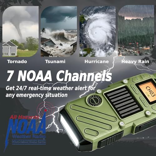 QUOLIX Green Long Range Walkie Talkies for Adults, Emergency 2-Way Radio with FM, SOS, NOAA Weather, Flashlight, Solar & USB-C Rechargeable