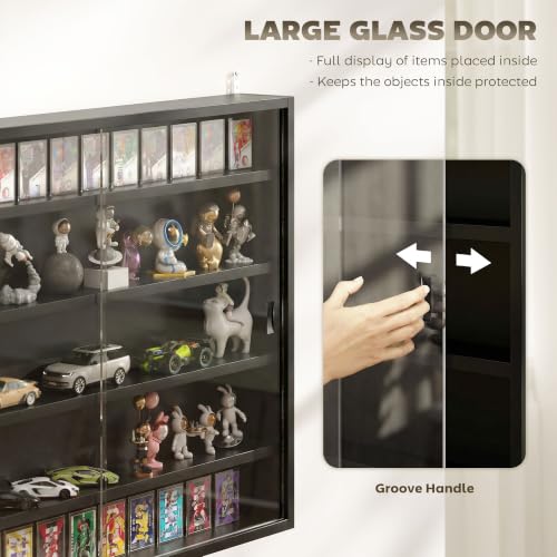 Wall Mounted Glass Display Cabinet - 5 Tiers, Adjustable Shelves, Jet Black
