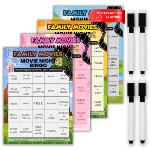 Family Movie Night Bingo Cards Set - Reusable Game Supplies, 4-Pack - Family