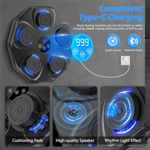 Black TGLLM Music Boxing Machine with Gloves, Wall-Mounted Interactive Punching Trainer for Adults & Kids, 9 Modes & Bluetooth