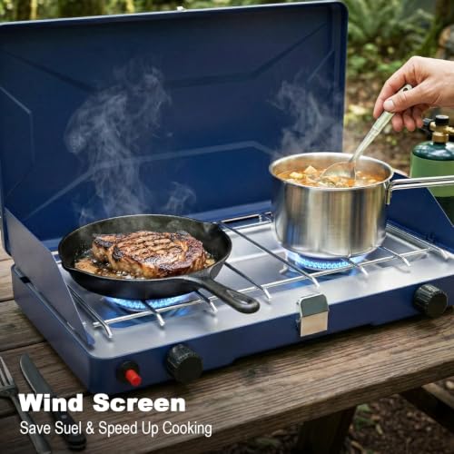 Portable Camping Stove with 2 Burners - Propane Gas Cooktop, Windshield & One-Touch Ignition