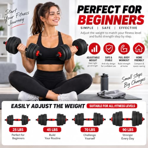 Red 45lb Adjustable Dumbbell Set with Connector for Home Gym - Multi-Functional Fitness Equipment for Men & Women