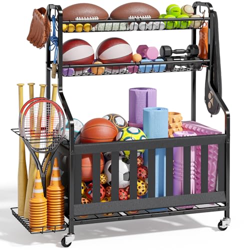 Garage Sports Equipment Organizer with Wheels - Black, 40 x 16.7 x 45.6 Inches