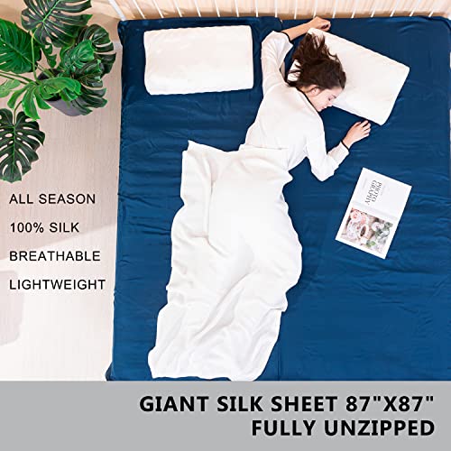 EXERMIL Navy Blue Silk Sleep Sack with Zippers - Large Travel & Camping Sheet, 87x43 inches, All Seasons, Unzips to Bed Sheet, Lightweight