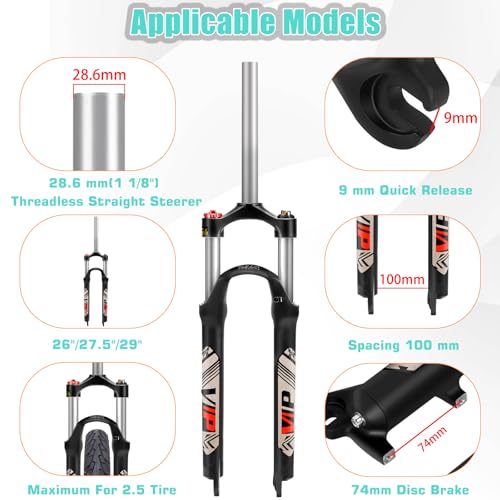Mountain Bike Suspension Fork 100mm Travel QR 9mm Crown Lockout - 26 Inch