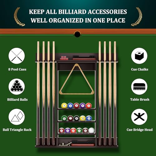 Dark Brown Bamboo Pool Cue Rack Wall Mounted for 8 Cues and Accessories