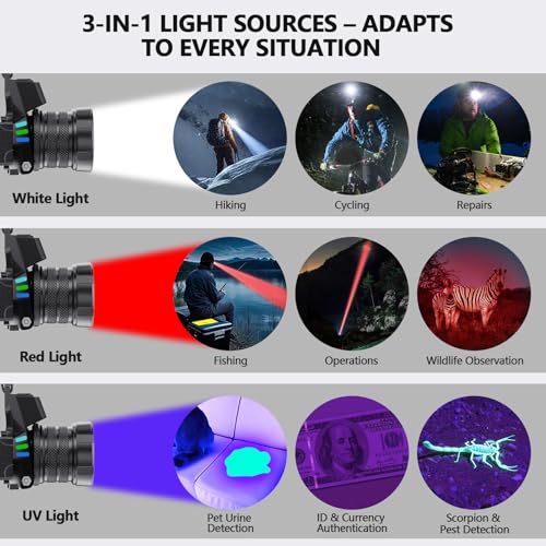 OMALIGHT Rechargeable Headlamp 16 Modes Waterproof with Blue Light for Hunting & Detection