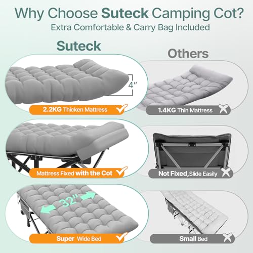 Suteck 32-Inch XXL Folding Camping Cot with Removable Mattress, Ash Gray, 900LBS Capacity