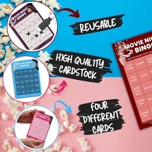 Family Movie Night Bingo Cards Set - Reusable Game Supplies, 4-Pack - Family