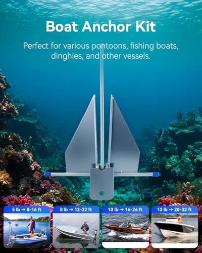 13 lb Boat Anchor Kit with Chain Rope and Shackles for 20-32 ft Boats