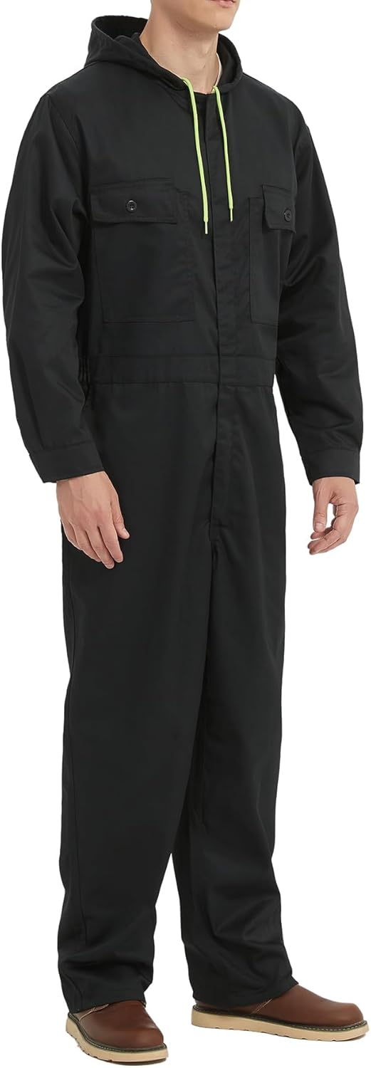 Skiennix Men's Cotton Blend Long Sleeve Coverall - Multi-Pocket Mechanic Work Jumpsuit with Hood