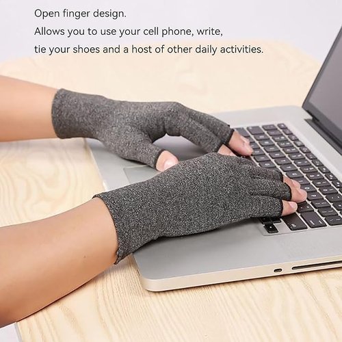 Sieafan 2 Pairs Bamboo Compression Gloves - Bamboo Arthritis Gloves for Men Women - Fingerless Compression Gloves (Black+Gray, Large)