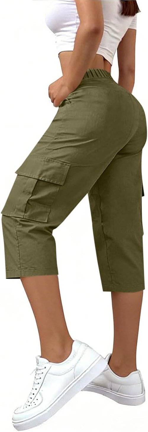 LRMQS Cargo Capris for Women - High Waisted Plus Size Summer Pants with Pockets | Casual Loose Fit